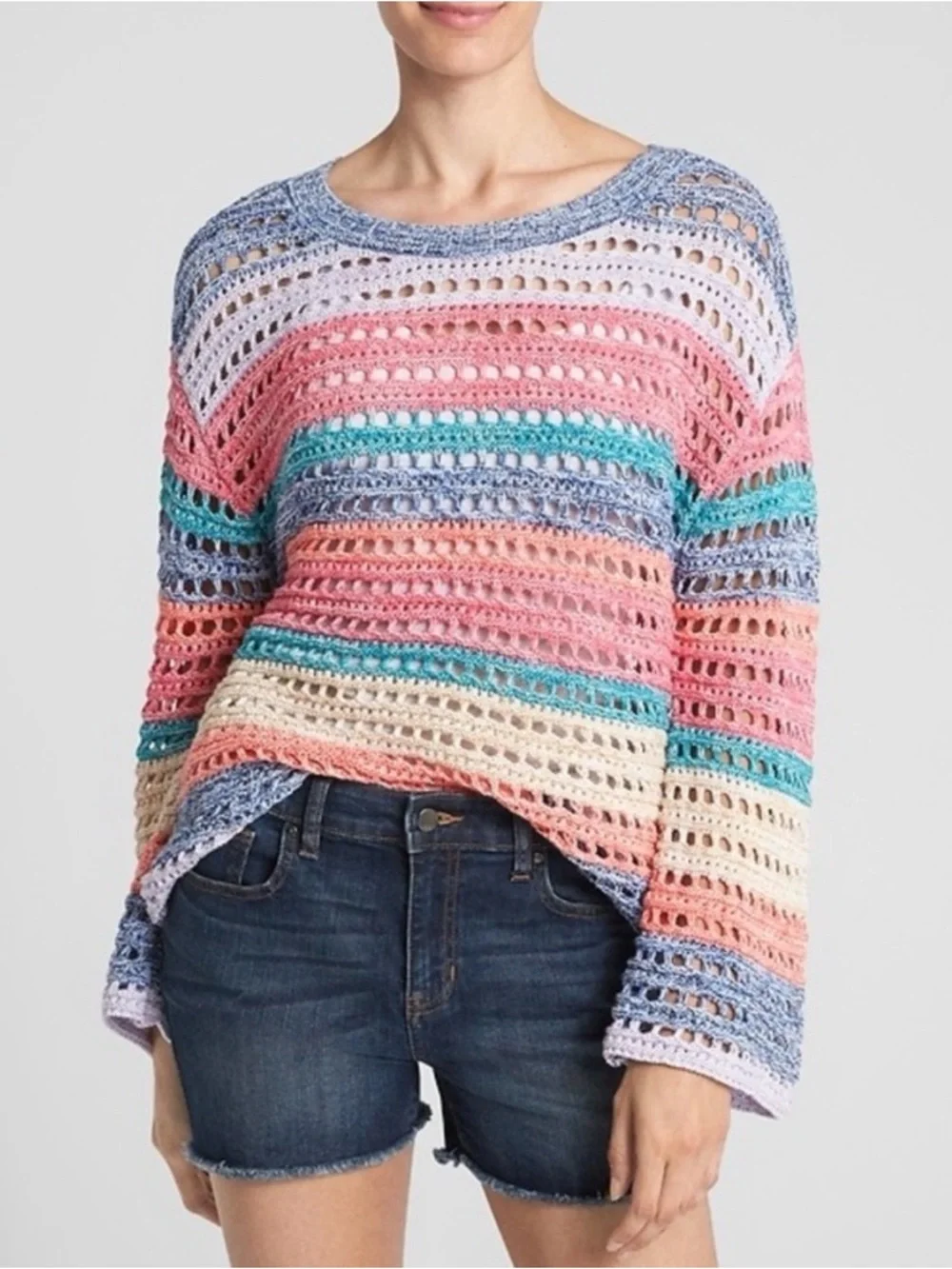 GAP Wide Sleeve Crochet 100% cotton Crew Sweater in Pink Multi XL
